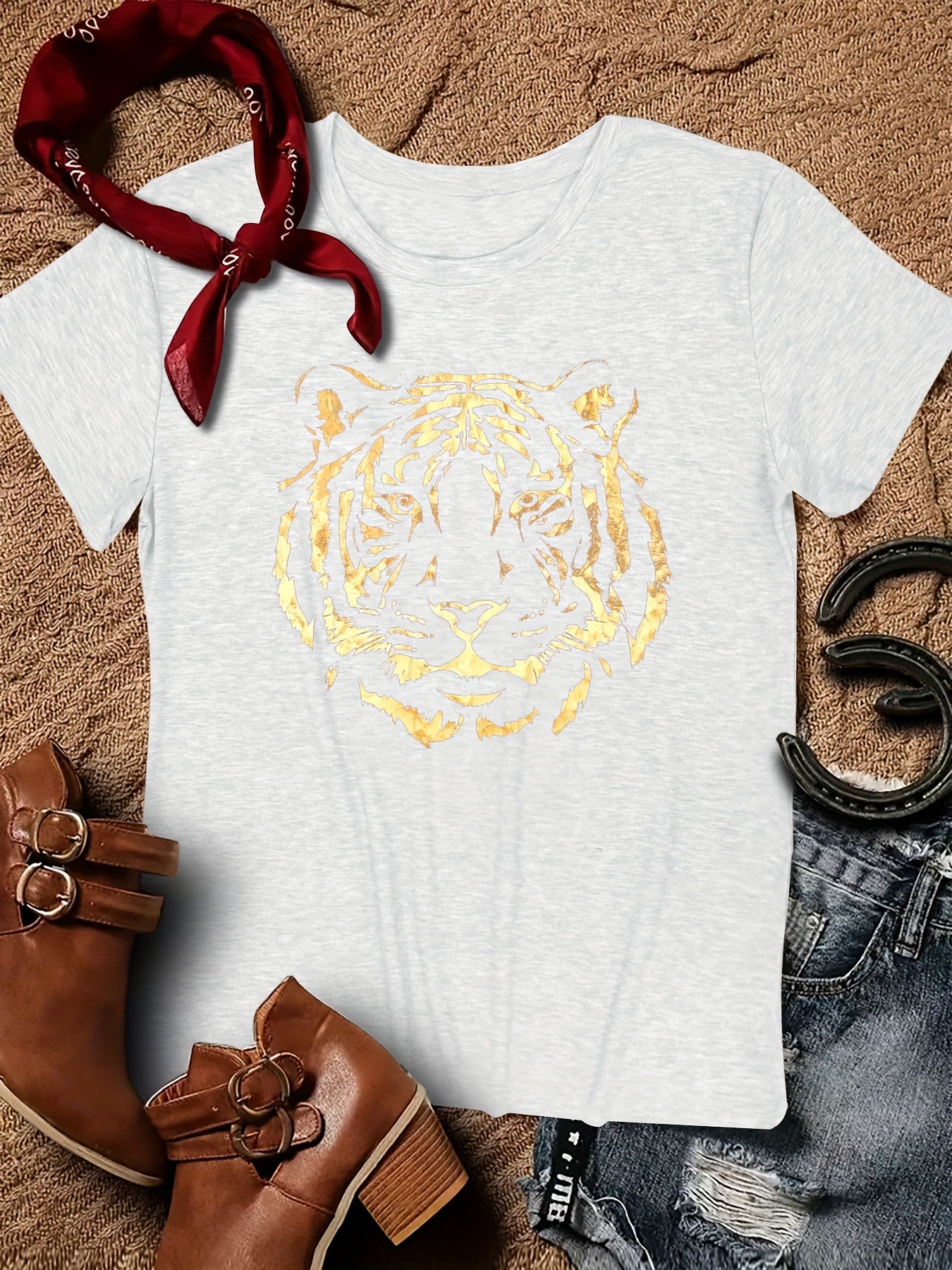 Tiger Print Crew Neck T-Shirt Soft, Breathable, Short Sleeve No Wrinkle Ladies
