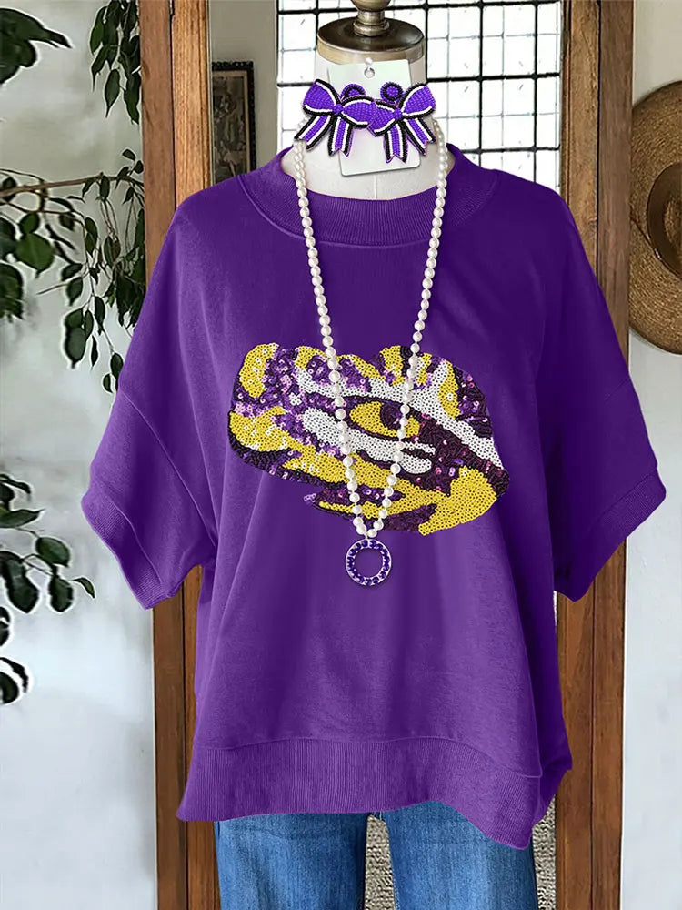 Tiger Sequin Pattern Crew Neck Top Game Day T-Shirts