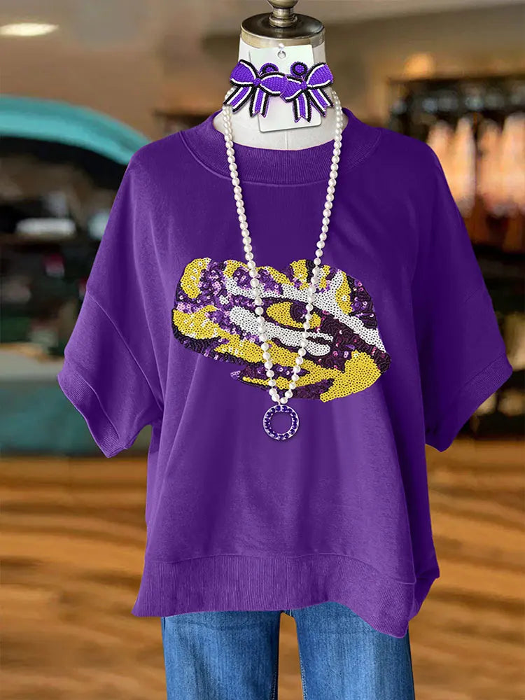 Tiger Sequin Pattern Crew Neck Top Game Day T-Shirts