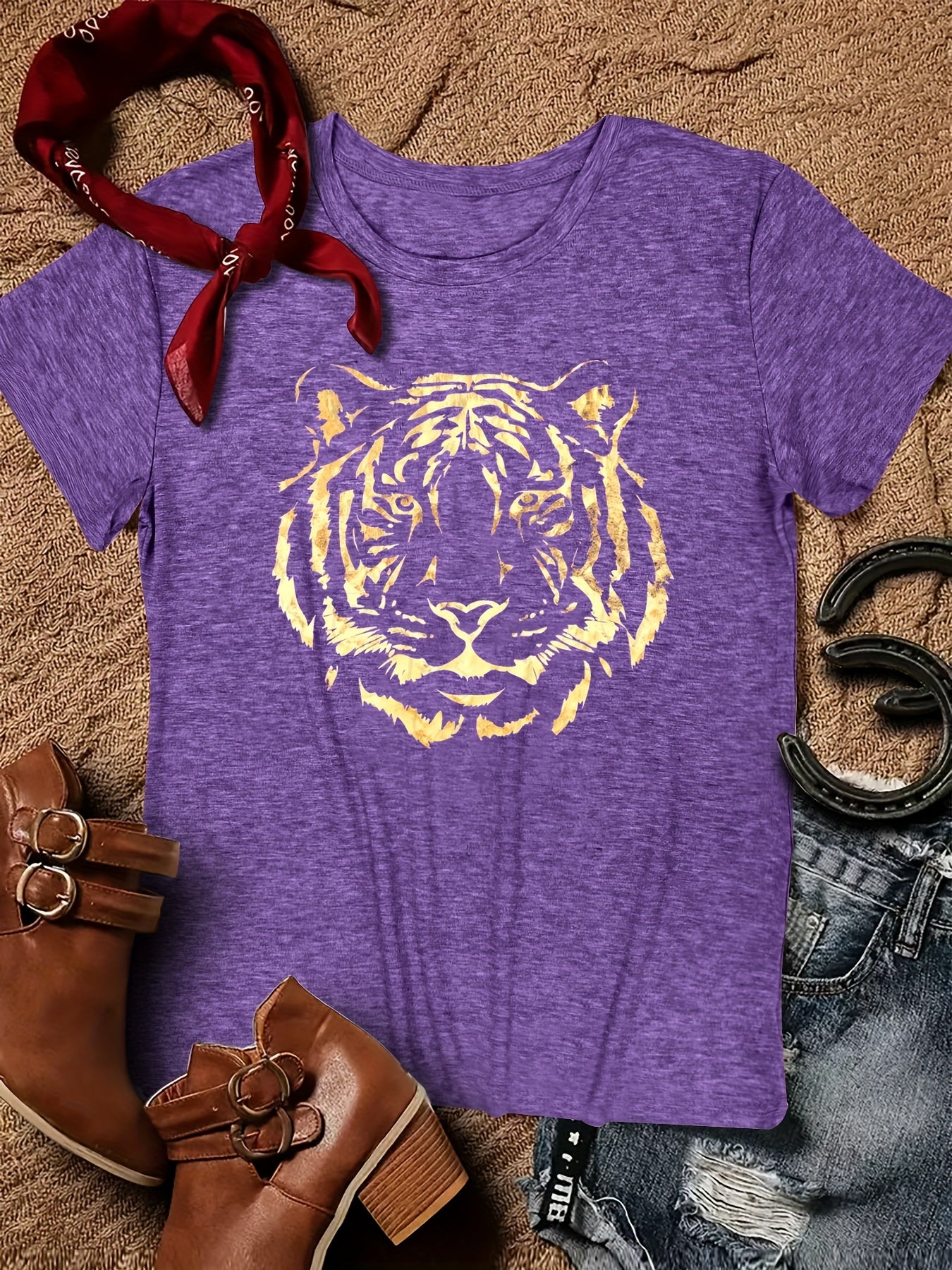 Tiger Print Crew Neck T-Shirt Soft, Breathable, Short Sleeve No Wrinkle Ladies