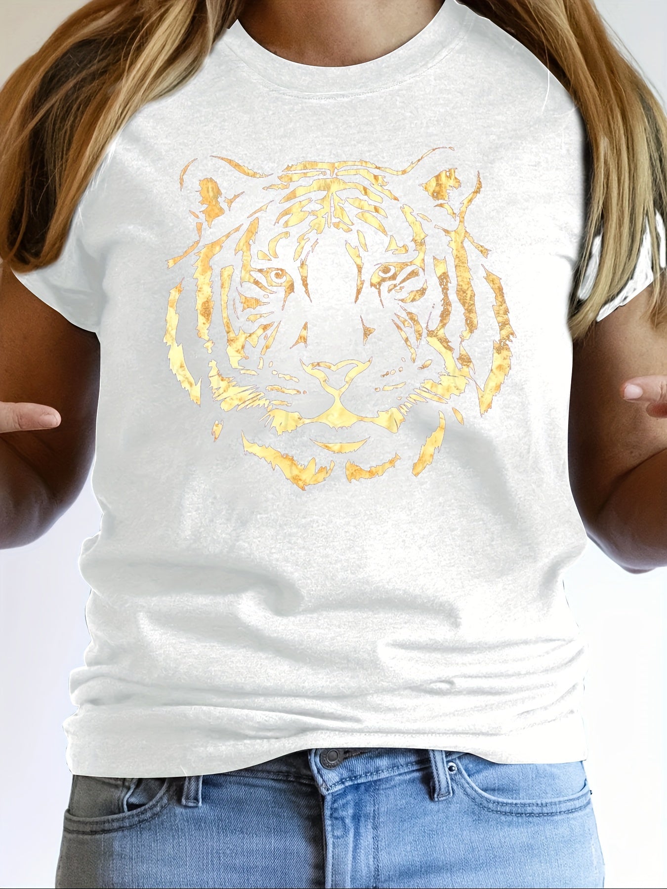 Tiger Print Crew Neck T-Shirt  Soft, Breathable, Short Sleeve No Wrinkle Ladies