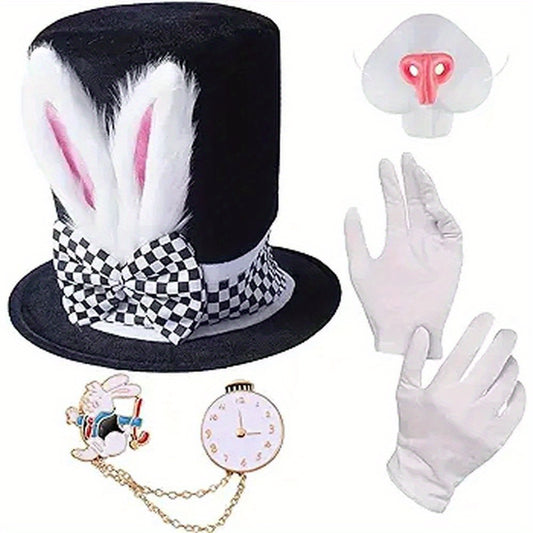 Alice in Wonderland Mad Hatter Rabbit Topper With Bow Tie, Gloves, Glasses, Clock Necklace