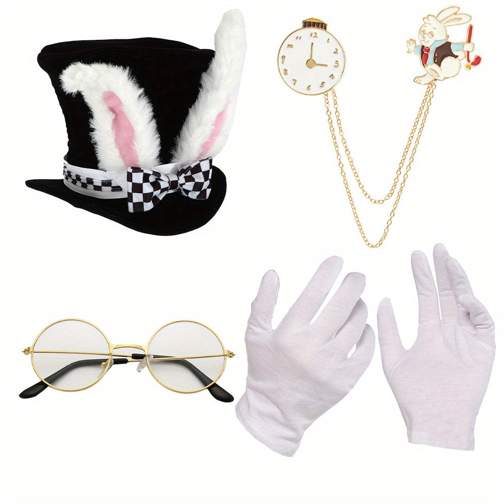 Alice in Wonderland Mad Hatter Rabbit Topper With Bow Tie, Gloves, Glasses, Clock Necklace