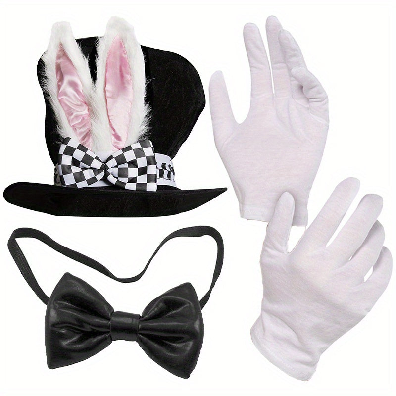 Alice in Wonderland Mad Hatter Rabbit Topper With Bow Tie, Gloves, Glasses, Clock Necklace