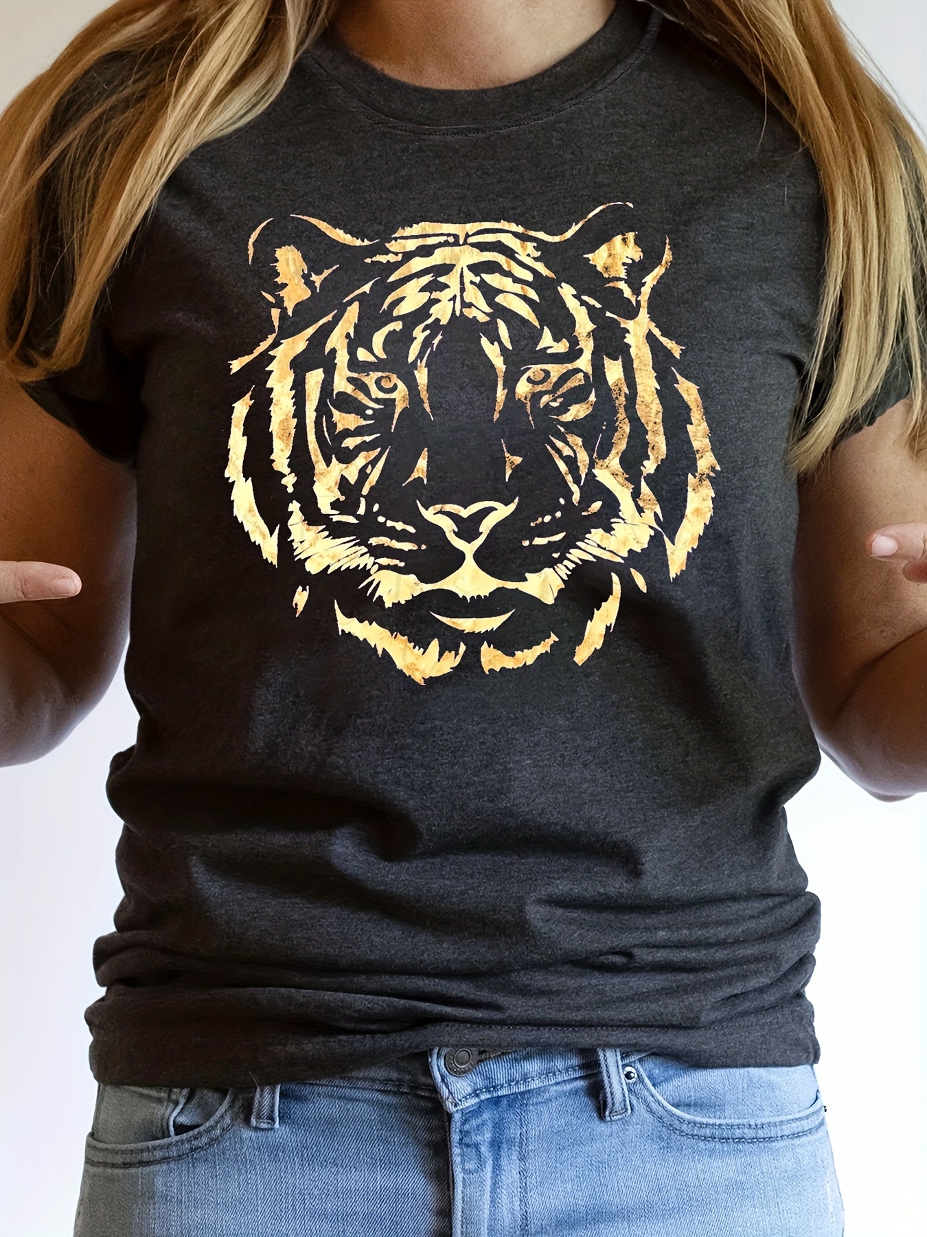 Tiger Print Crew Neck T-Shirt  Soft, Breathable, Short Sleeve No Wrinkle Ladies