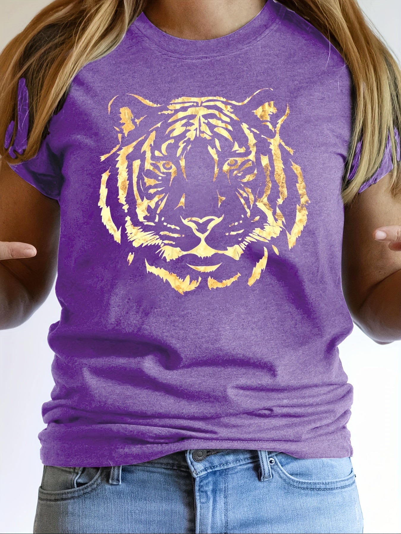 Tiger Print Crew Neck T-Shirt  Soft, Breathable, Short Sleeve No Wrinkle Ladies