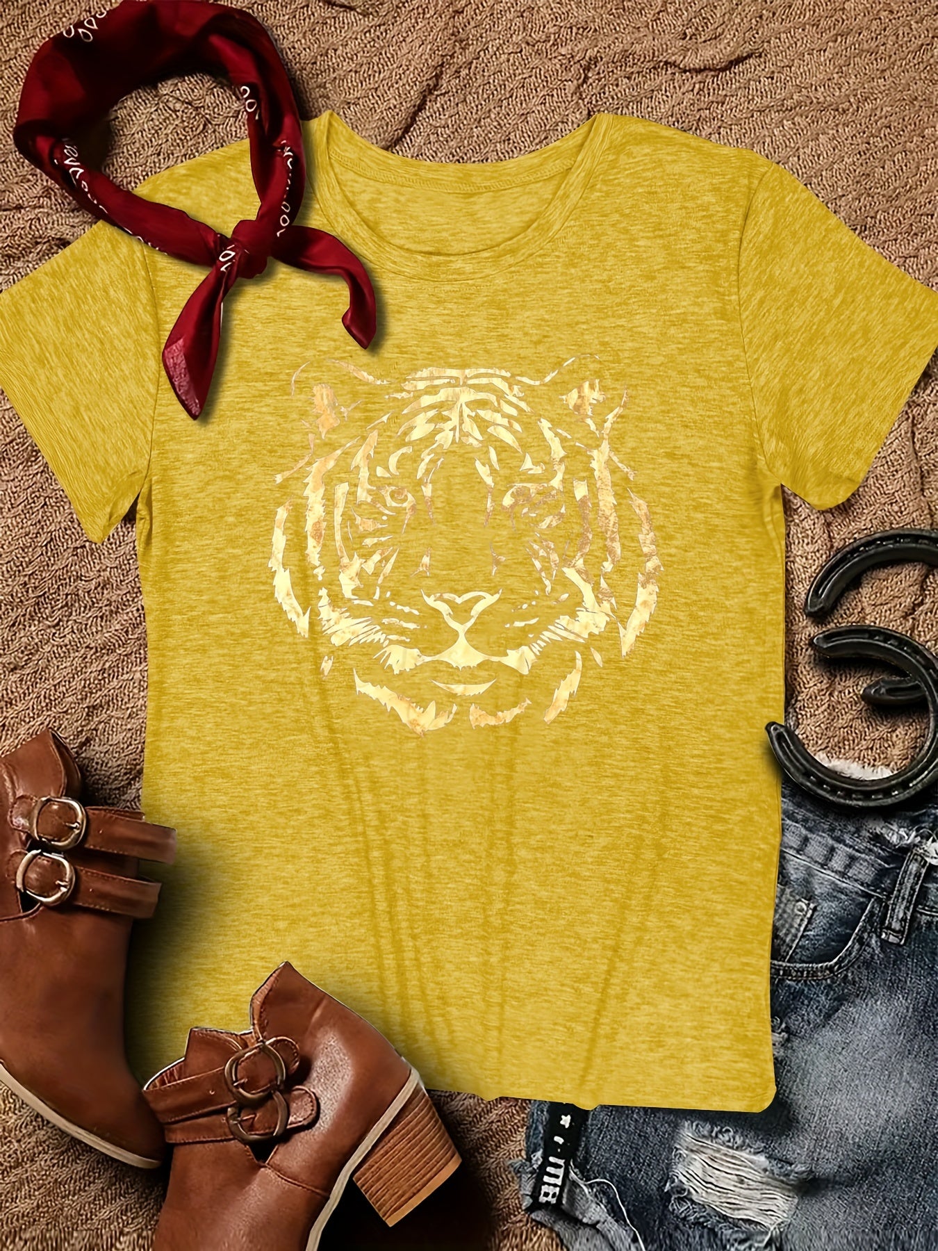 Tiger Print Crew Neck T-Shirt  Soft, Breathable, Short Sleeve No Wrinkle Ladies