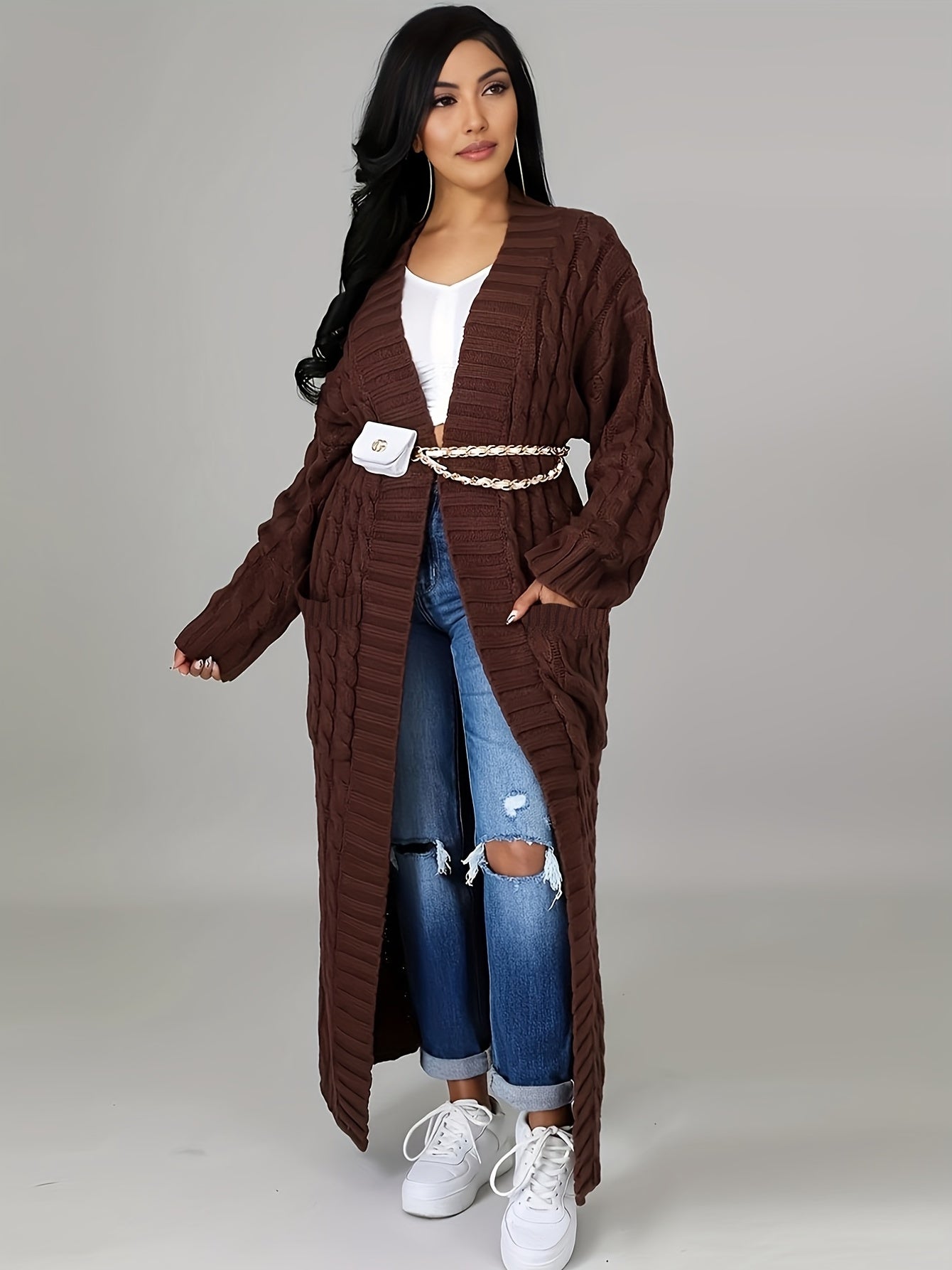 Extra-Long Cable Knit Cardigan