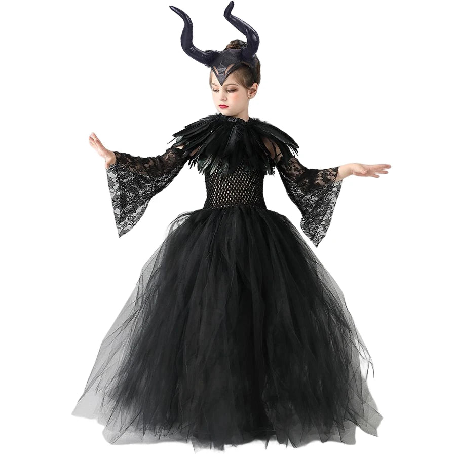 Maleficent  Gothic Black Tutu Dress with Horn Headband and Wings Kids