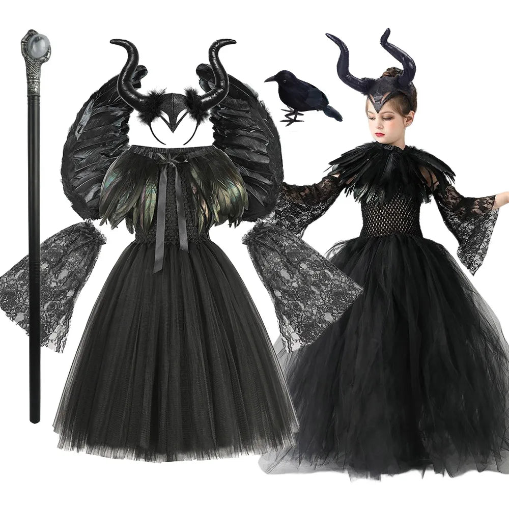 Maleficent  Gothic Black Tutu Dress with Horn Headband and Wings Kids