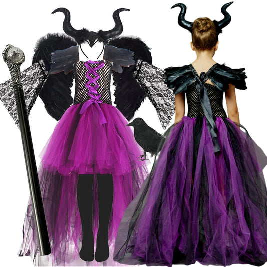 Evil Witch Maleficent Costume Tutu Dress Kids Purple Black