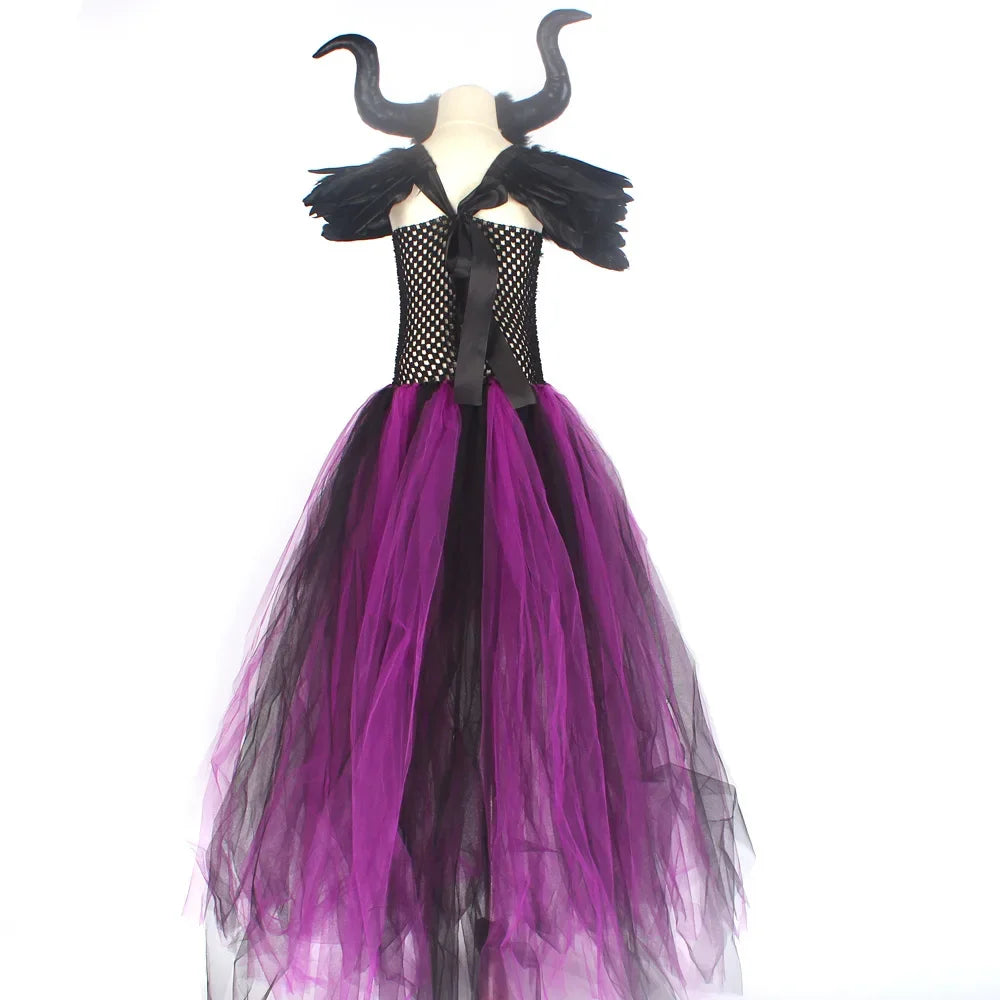 Evil Witch Maleficent Costume Tutu Dress Kids Purple Black