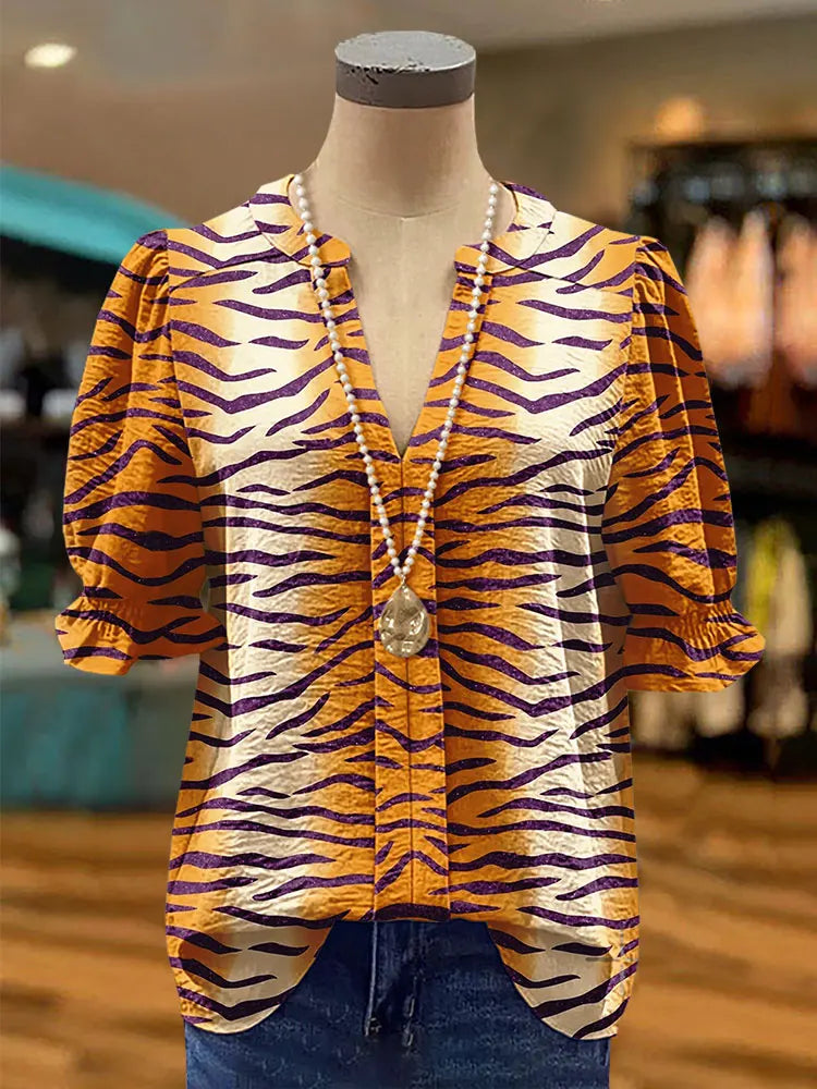 Tiger Stripes Top Short Sleeve Blouse Ladies