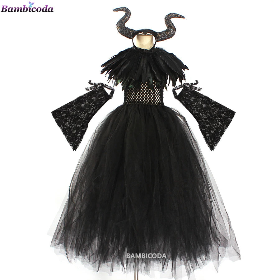 Evil Witch Maleficent Black Gown Dress Victorian Kids Costume