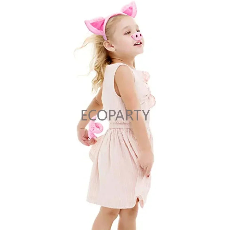 Pig Costume Set Pig Ears Nose Tail and Bow Tie Pink Pig Fancy Dress Costume Kit Accessories for Kids Halloween Dress-up Play