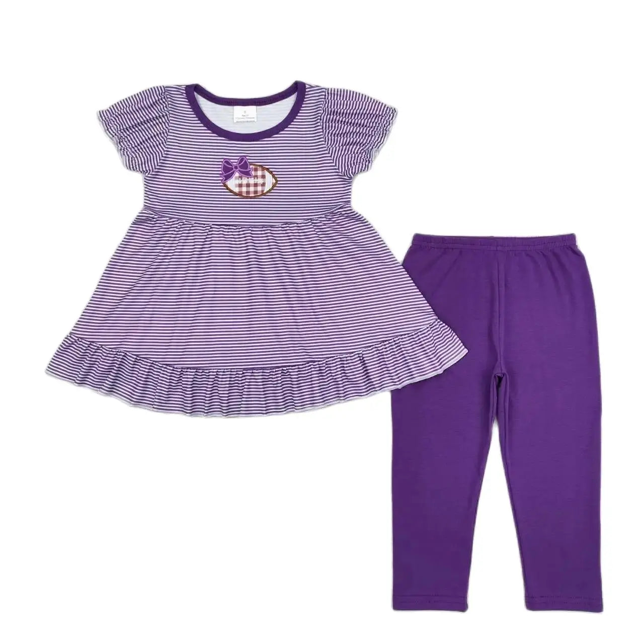 RTS Baby Girls Toddler Wholesale Football Team Purple Embroidery Ruffles Tunic Top Kids Legging Boutique Outfits Clothes Sets