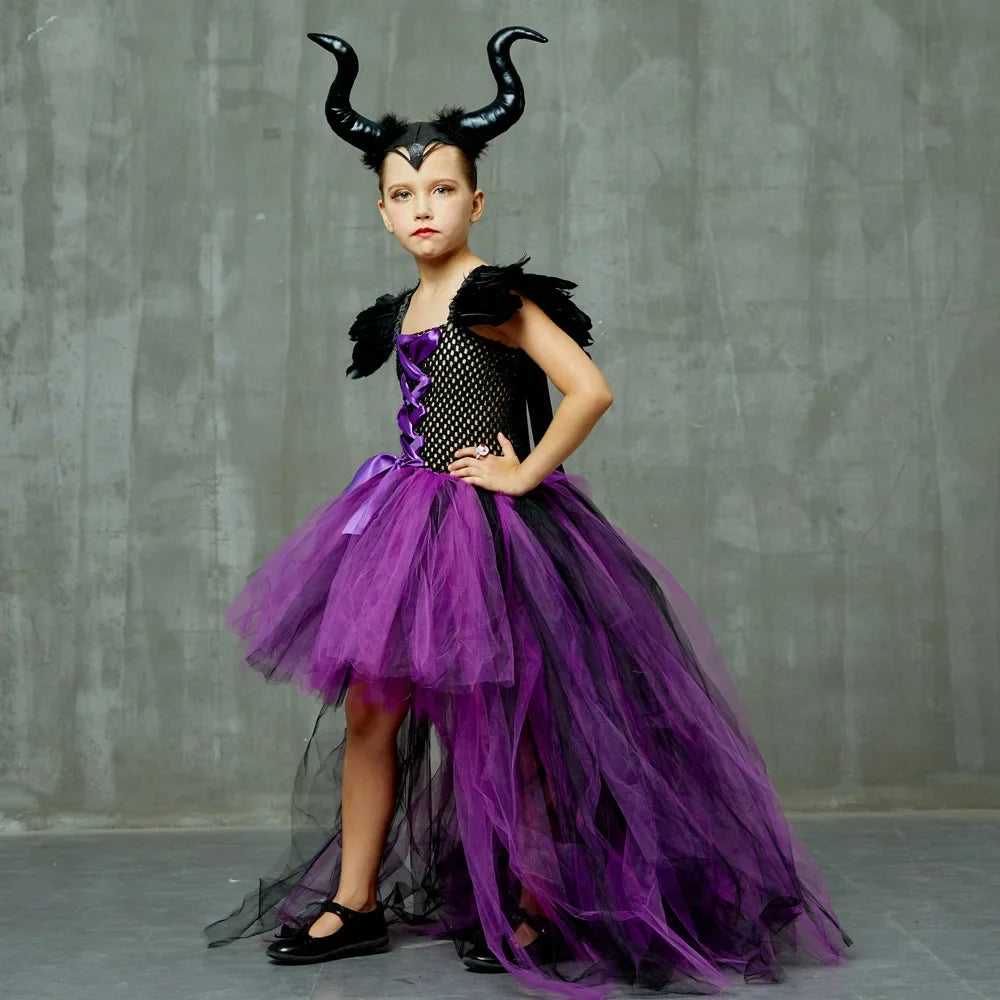 Evil Witch Maleficent Costume Tutu Dress Kids Purple Black