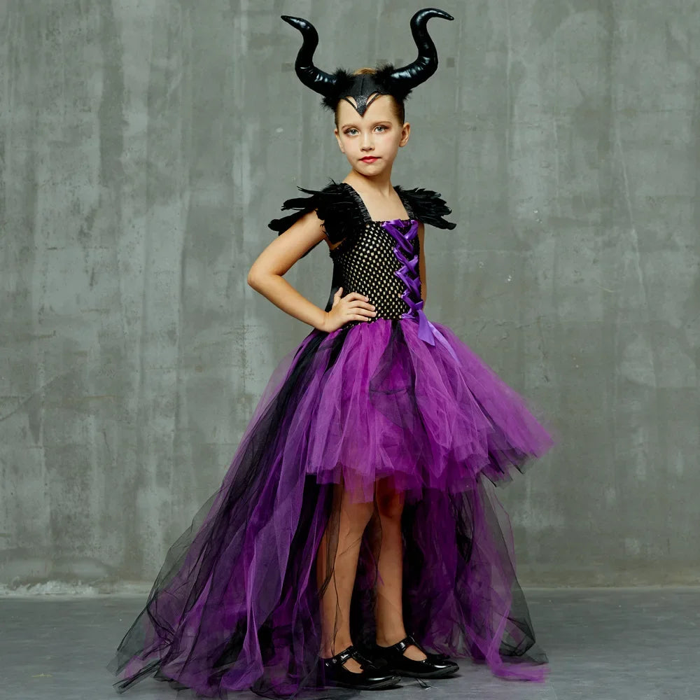 Evil Witch Maleficent Costume Tutu Dress Kids Purple Black