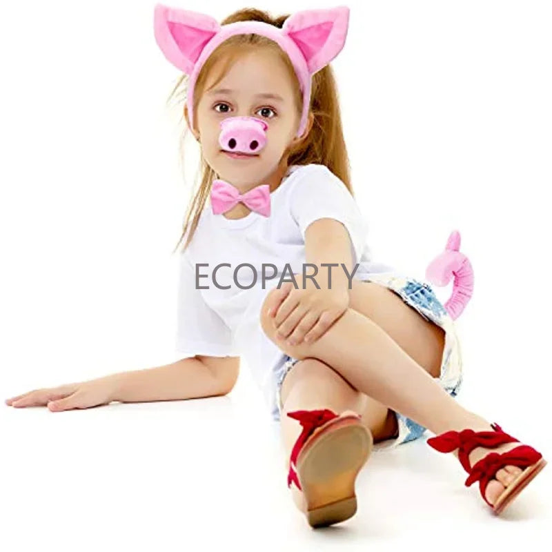 Pig Costume Set Pig Ears Nose Tail and Bow Tie Pink Pig Fancy Dress Costume Kit Accessories for Kids Halloween Dress-up Play