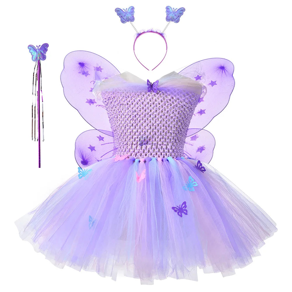 Butterfly Mesh Tutu Dresses Kids Pastel Purple