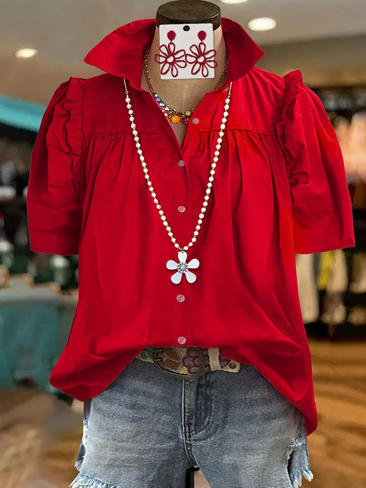 Crimson Red Pleated Puff Sleeve Top  Ole Miss Alabama