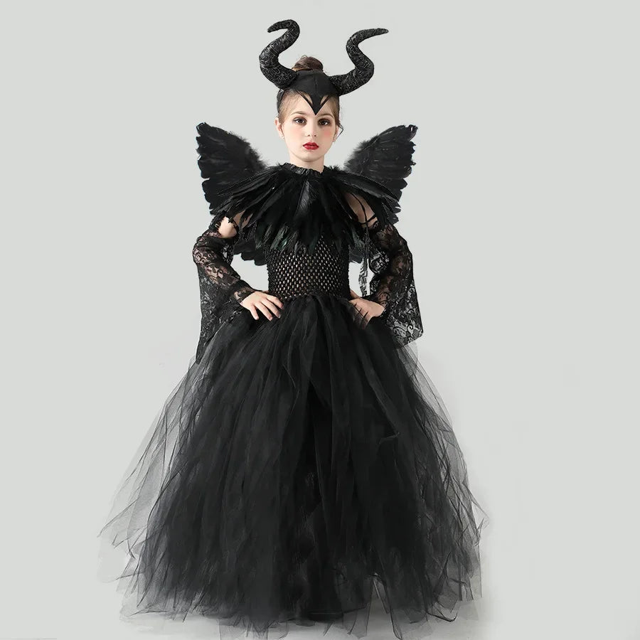 Evil Witch Maleficent Costume Tutu Dress Kids Purple Black