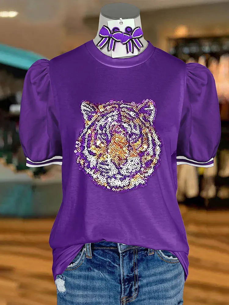 Tiger Sequin Puff Sleeve Top Gameday Ladies