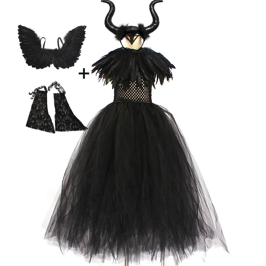 Maleficent  Gothic Black Tutu Dress with Horn Headband and Wings Kids