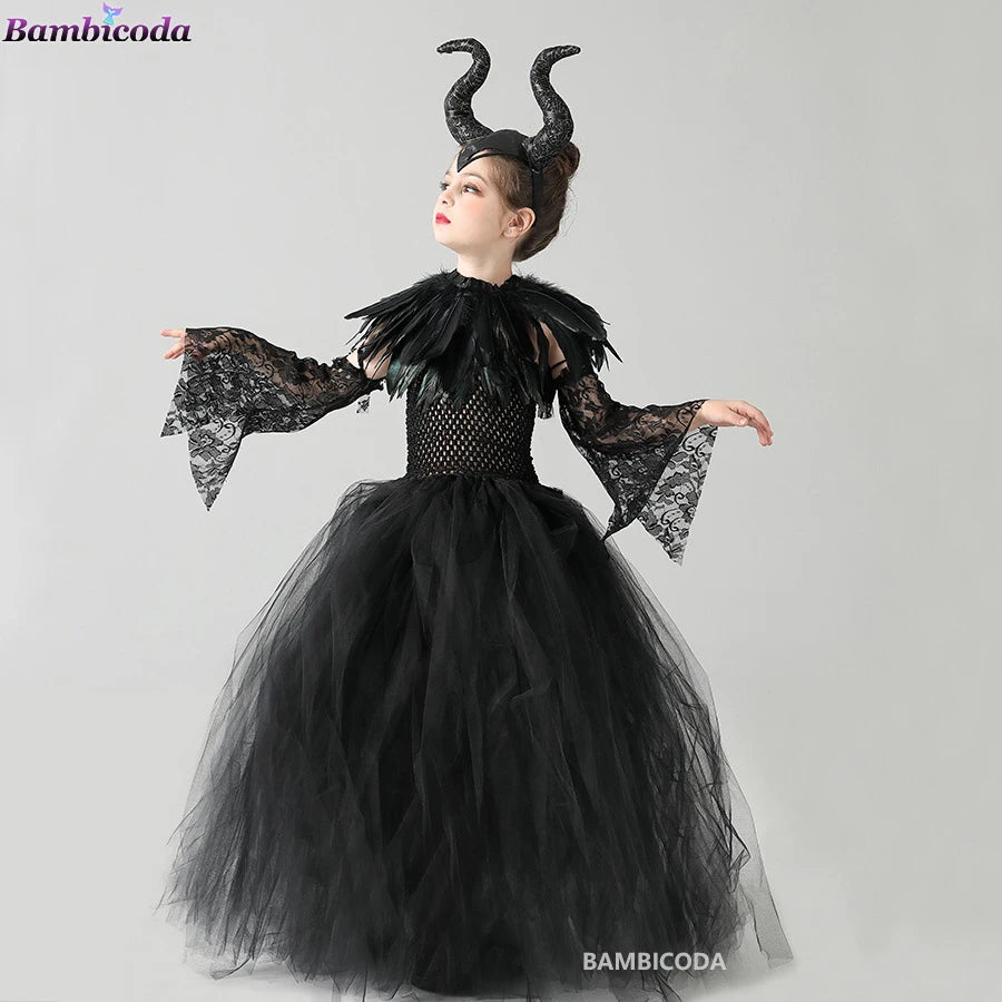 Evil Witch Maleficent Black Gown Dress Victorian Kids Costume