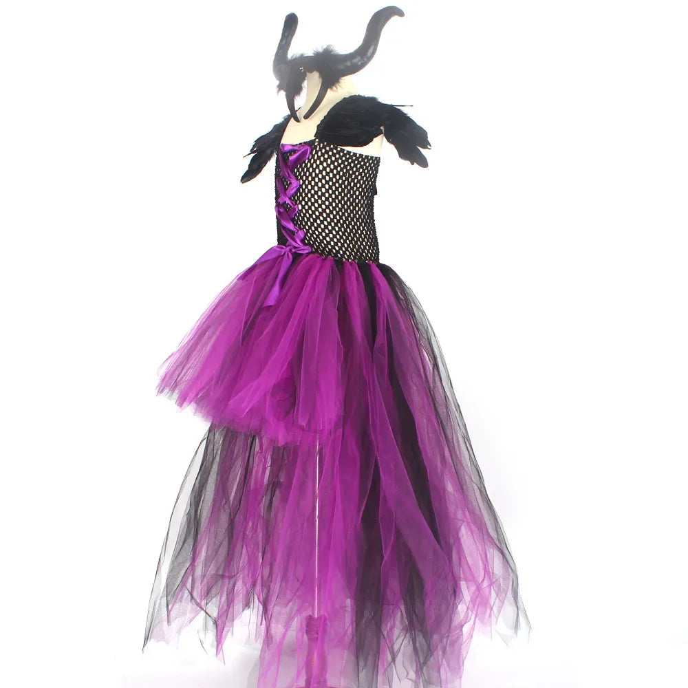 Evil Witch Maleficent Costume Tutu Dress Kids Purple Black