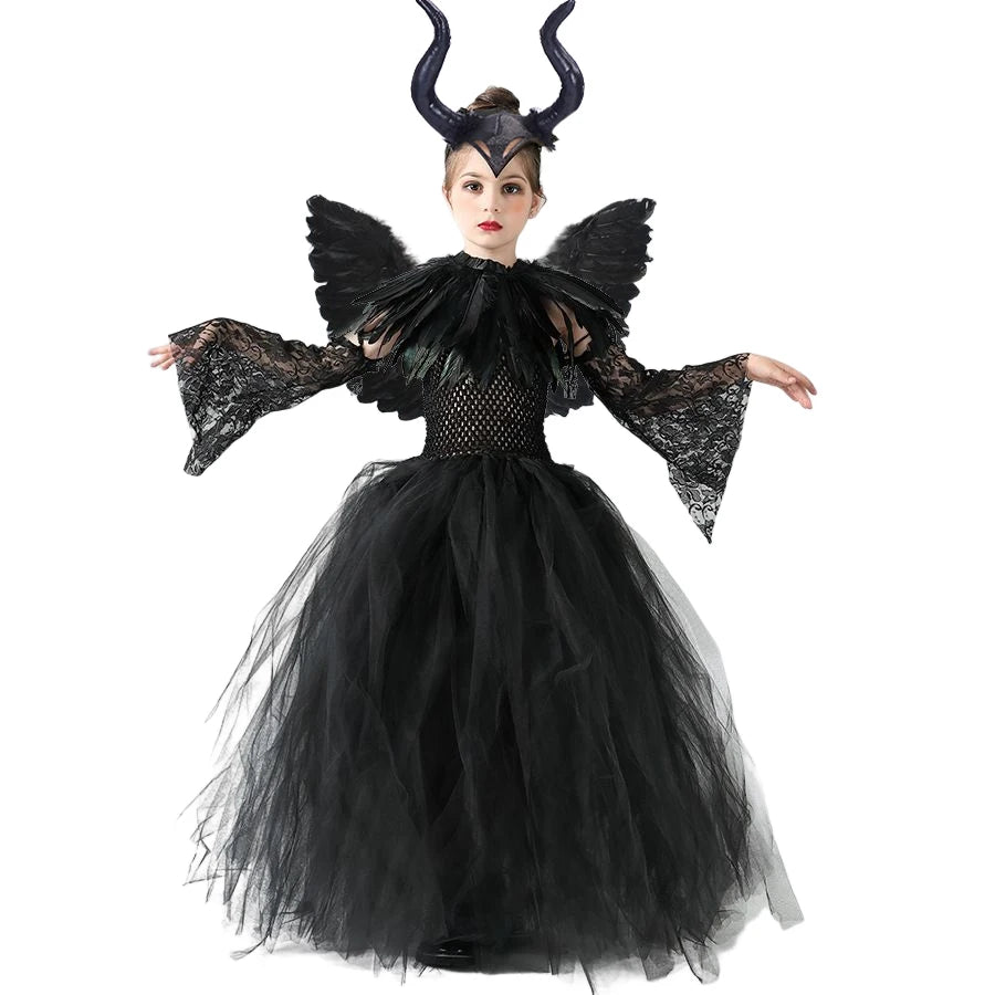 Maleficent  Gothic Black Tutu Dress with Horn Headband and Wings Kids