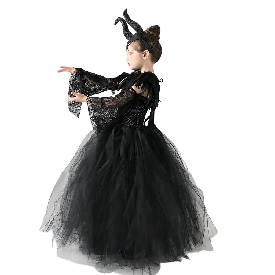 Maleficent  Gothic Black Tutu Dress with Horn Headband and Wings Kids