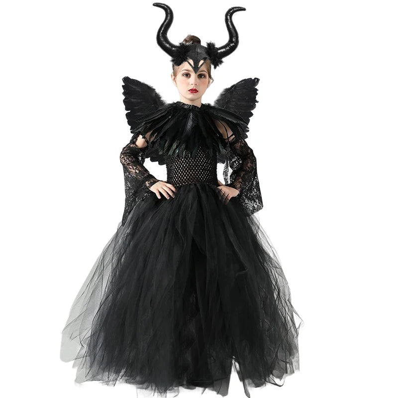 Maleficent  Gothic Black Tutu Dress with Horn Headband and Wings Kids