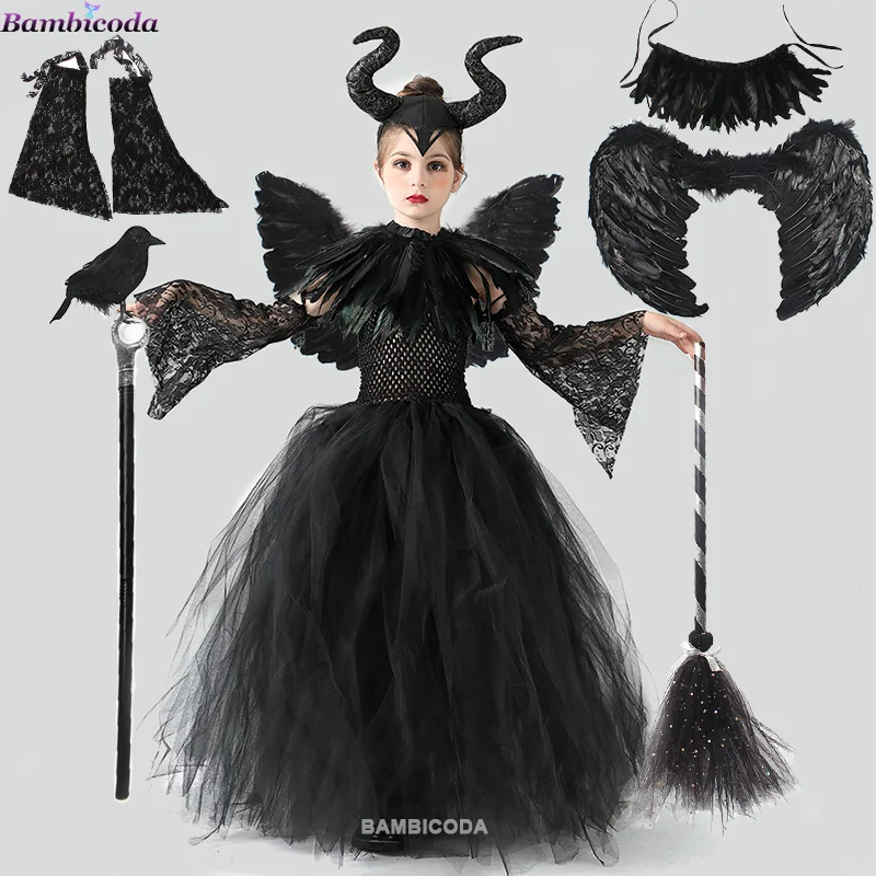 Evil Witch Maleficent Black Gown Dress Victorian Kids Costume