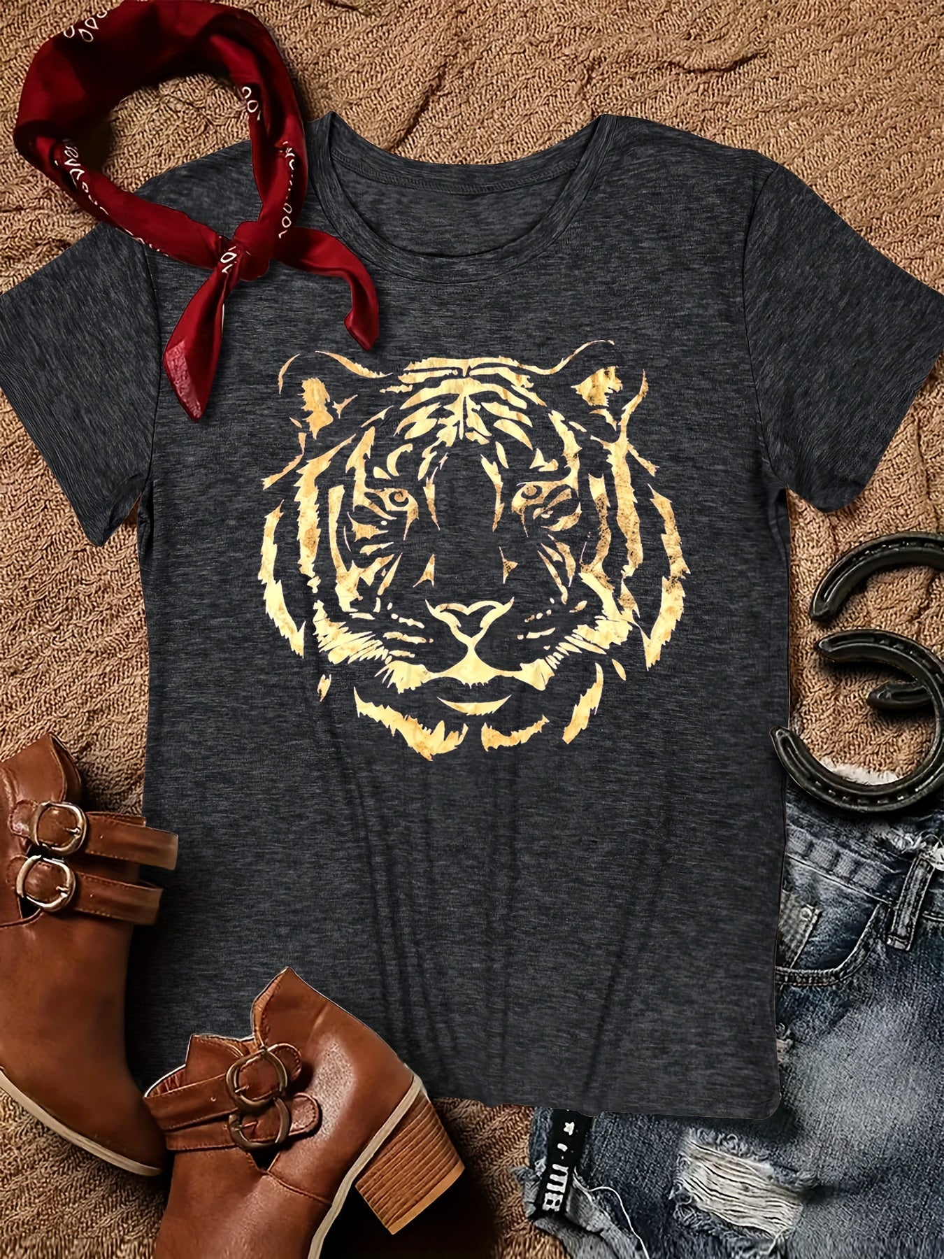 Tiger Print Crew Neck T-Shirt  Soft, Breathable, Short Sleeve No Wrinkle Ladies