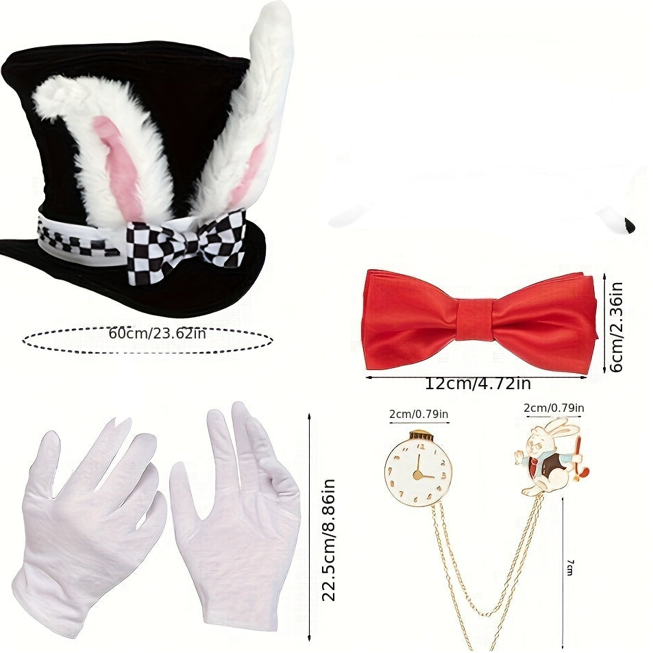 Alice in Wonderland Mad Hatter Rabbit Topper With Bow Tie, Gloves, Glasses, Clock Necklace