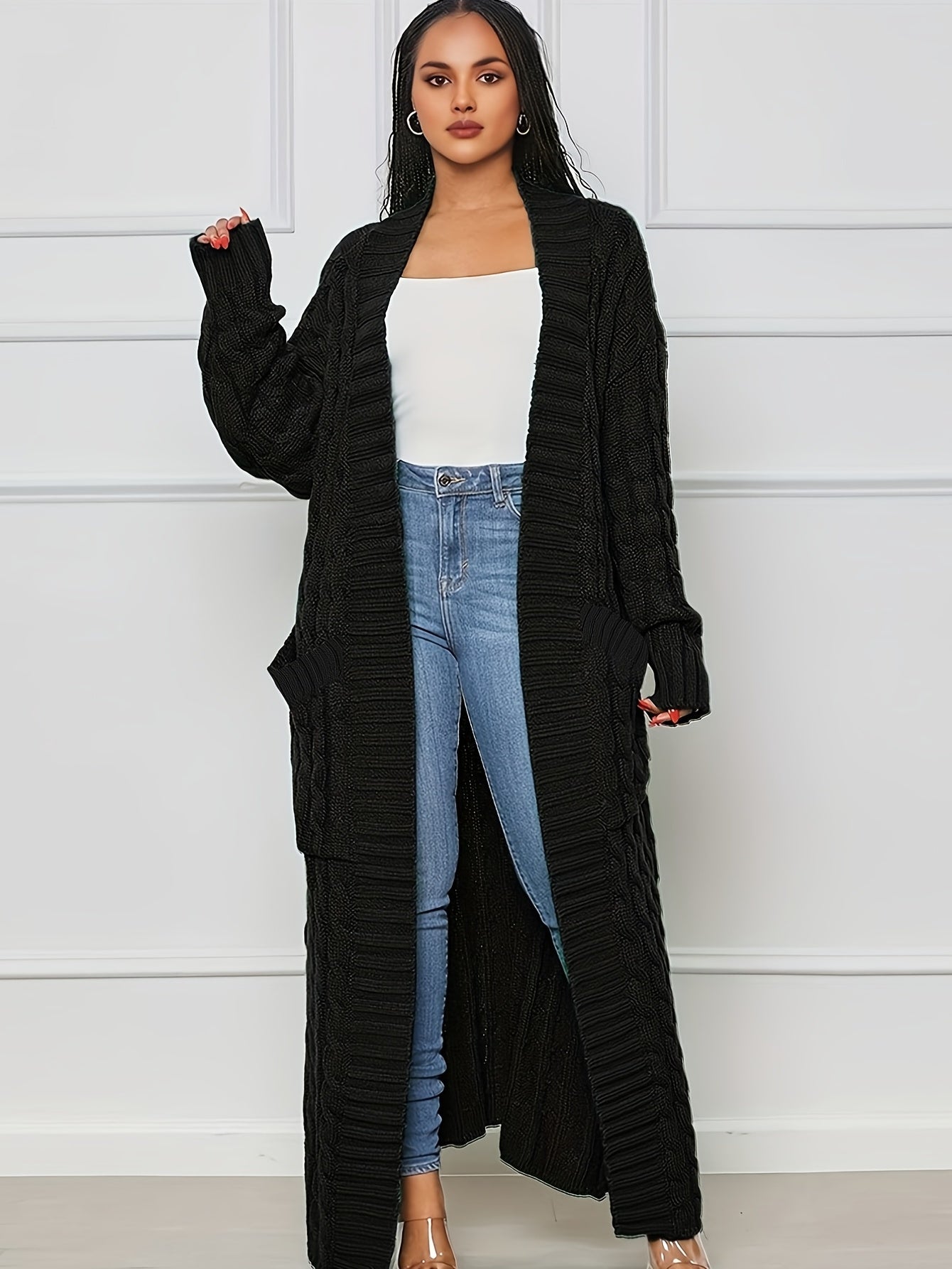 Extra-Long Cable Knit Cardigan