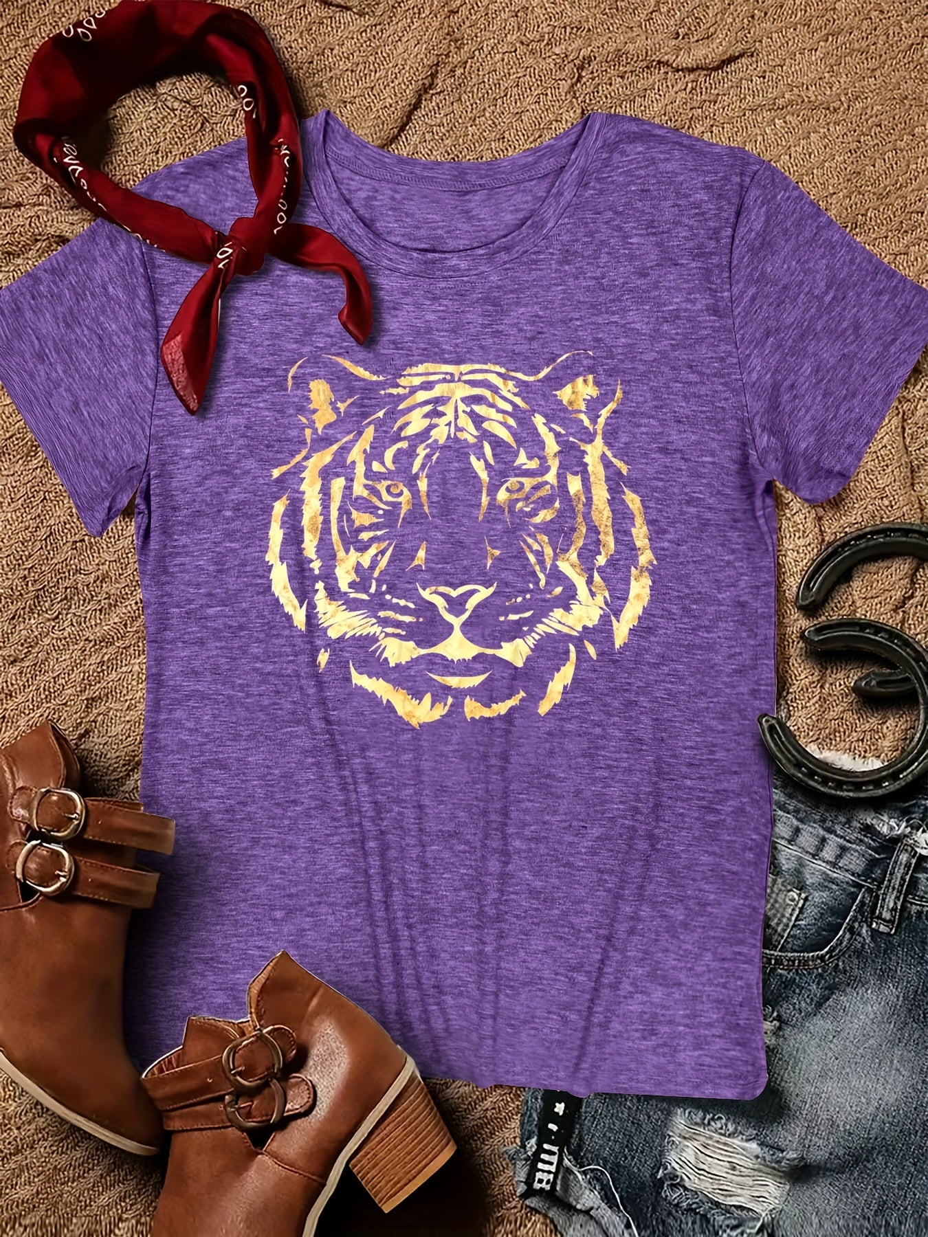 Tiger Print Crew Neck T-Shirt  Soft, Breathable, Short Sleeve No Wrinkle Ladies